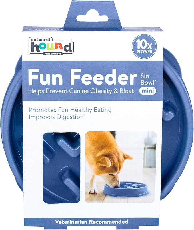 Outward Hound Fun Feeder Slo Bowl – 2‑Cup Capacity, Slow Feeding, Small to Medium Dogs & Cats, Non-Slip, Blue, Notch Pattern, Medium (Pack of 12)