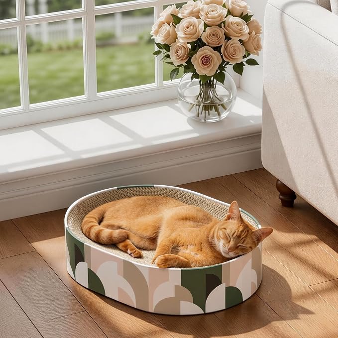 Conlun Oval Cat Scratcher Bed | Scratching Bowl Lounge for Kittens | Medium | Corrugated Cardboard Pad | Concave Shape | No Mess Enclosed Base | Serves as Couch Furniture Protector
