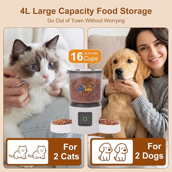 Automatic Cat Feeder for 2 Cats 4L Timed Dry Food Dispenser WiFi 9 Meals Programmable 1-15 Portion Per Day with APP Control Double Bowl Dual Power Supply with 2 Stainless Bowl for Multi-Pet Easy Clean