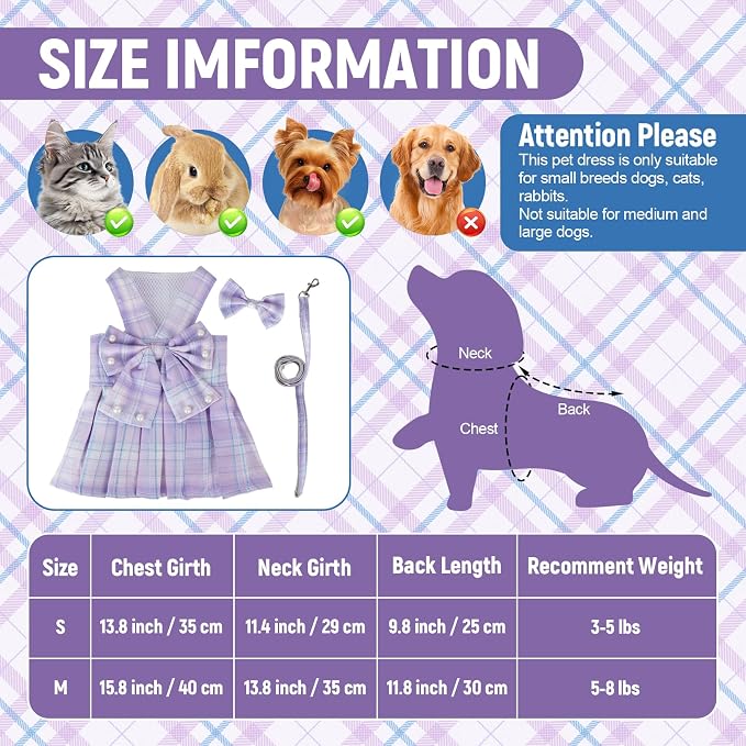 Cute Plaid Dog Dress Clothes for Small Dogs Cats Girl Purple Plaid Dog Dress with Pearls Bow Tie Harness Leash for Spring Summer Birthday Puppy Bunny Rabbit Yorkies Chihuahua Outfits