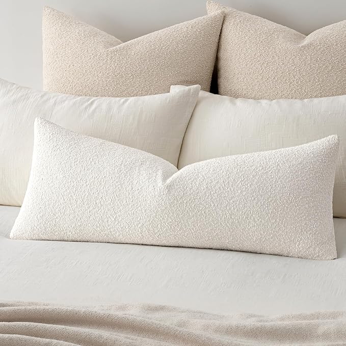 MIULEE Textured Boucle Lumbar Pillow Cover for Bed 14x36 White | Pack of 1 Textured Neutral Couch Throw Pillow Cover, Accent Solid Long Body Pillowcase, Sofa Living Room Home Decor