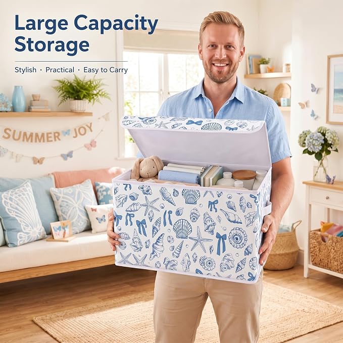 Briwooody Beach Storage Bin with Lid and Carrying Handle Coastal Blue Bow Seashell Foldable Storage Box Summer Bachelorette Party Decorative Collapsible Container Basket for Closet Home Bedroom Gift
