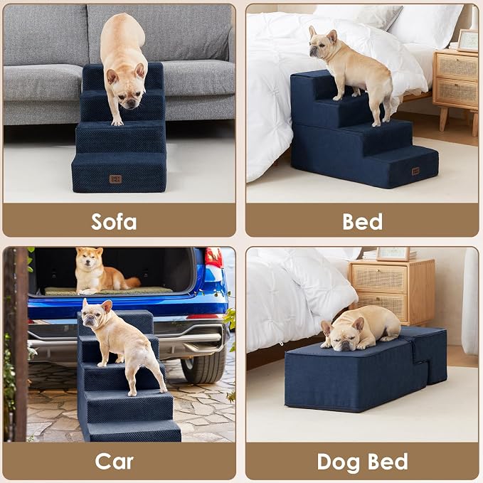 EHEYCIGA Dog Stairs for Bed 20" H, 4-Step Extra Wide Dog Steps, Navy | Pet Steps for Small Dogs and Cats for High Bed, Non-Slip Balanced Pet Ramp Indoor