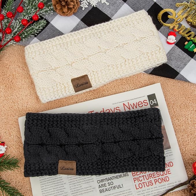 Loritta 2 Pack Headbands for Women Winter Warm Cable Knit Ear Warmer Thick Head Wrap Fuzzy Fleece Lined Gifts