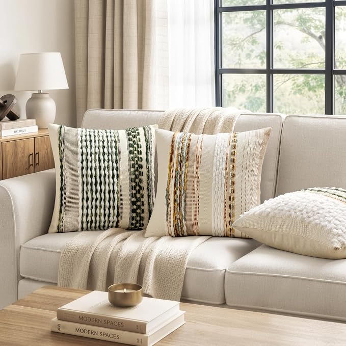ANRODUO Boho Decorative Pillow Covers Plush Olive Green 18x18 Pack of 2 | Throw Pillow Covers, Soft Plush Tufted Farmhouse Cushion Case, Pillow Covers, Accent Neutral Pillowcase for Sofa Couch Bed