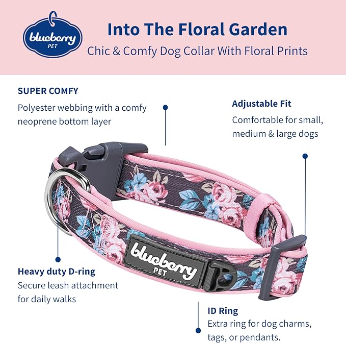 Blueberry Pet Floral Prints Neoprene Padded Dog Collar, Pink Rose, Adjustable Dog Collar for Large Dogs, Size Large, Neck 18-26”