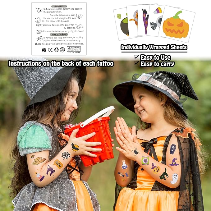 Partywind 408 PCS Kids Tattoos for Party Supplies, Individually Wrapped Sheet Temporary Tattoos Stickers for Kids Goodie Bag Stuffers, Fun Birthday Party Favors - Halloween