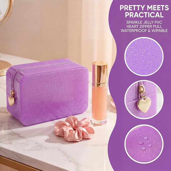 RSRSLEII Stardust Twinkle Jelly Travel Makeup & Toiletry Bag, Waterproof PVC Cosmetic Bag/Case for Women，Zipper SPF Beach Bag for Sunscreen Skincare and Daily Essentials (03Purple)