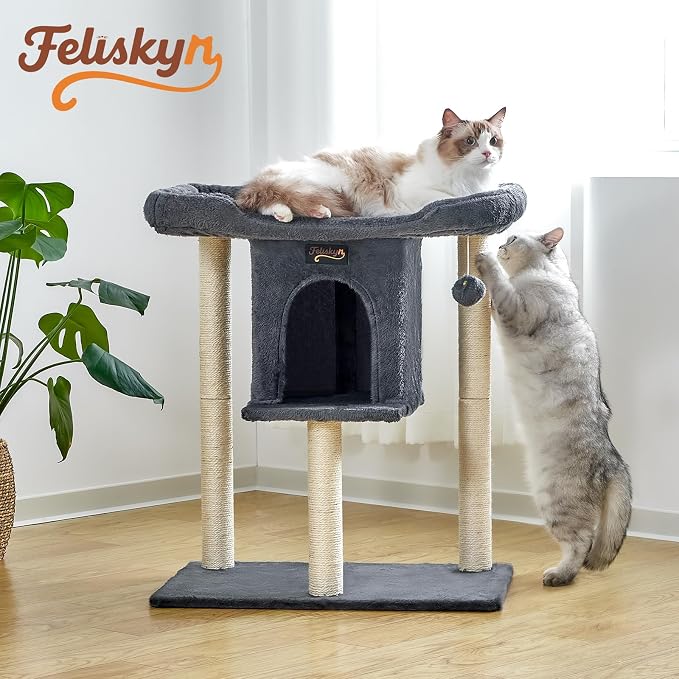 Cat Tree Tower Scratching Post for Indoor Large Adult Cats with Perch Bed | 28in Tall Small Cat Trees House with Big Perch, Condo, Toy Balls, Modern Kitten Climbing Furniture Platform, Dark Gray