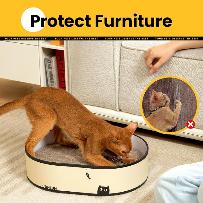 Conlun Oval Cat Scratcher Box with 4 Scratching Pads | Medium | Corrugated Cardboard | Reversible Design | Protects Furniture | Enclosed Bottom | Mess-Free Lounge Bed for Indoor Cats