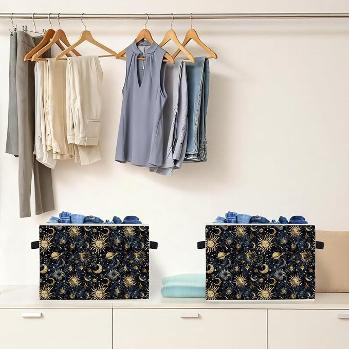 Boho Witchy Sun and Moon Storage Box Bins, Mystical Celestial Space Galaxy Collapsible Storage Basket Organizer for Bedroom Laundry Room Kids Room Clothes Books, Decor for Room