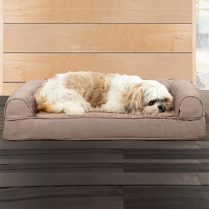 Furhaven Cooling Gel Dog Bed for Medium/Small Dogs w/ Removable Bolsters & Washable Cover, For Dogs Up to 35 lbs - Plush & Suede Sofa - Almondine, Medium