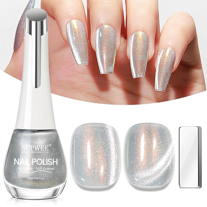 Aurora Silver Magnetic Nail Polish Non Gel, Quick Dry Cat Eye Nail Polish with Magnet for Fingernail Air Drying Fast Lacquer Manicure Gift For Women Girls 16ml/0.54fl oz