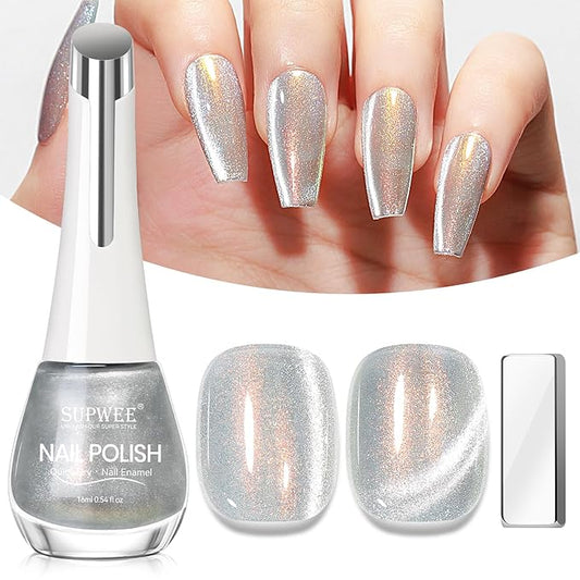 Aurora Silver Magnetic Nail Polish Non Gel, Quick Dry Cat Eye Nail Polish with Magnet for Fingernail Air Drying Fast Lacquer Manicure Gift For Women Girls 16ml/0.54fl oz