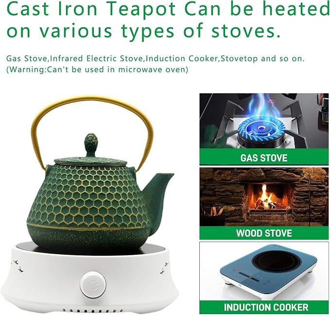 YJX Cast Iron Teapot and Tea Cups Set, 33.8oz Hexagon Pattern Tea Set with Cups and Cup Mats, Enameled Tea Kettle for Stovetop, Durable Tea Pot Set with Stainless Steel Infuser for Loose Leaf