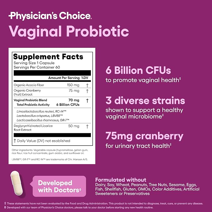 Physician's CHOICE Vaginal Probiotics for Women, pH Balance & Odor, 60ct | Supports Odor Control, Vaginal Flora, Yeast Balance & Feminine Health, 6B CFU, Organic Prebiotics, Cranberry Extract