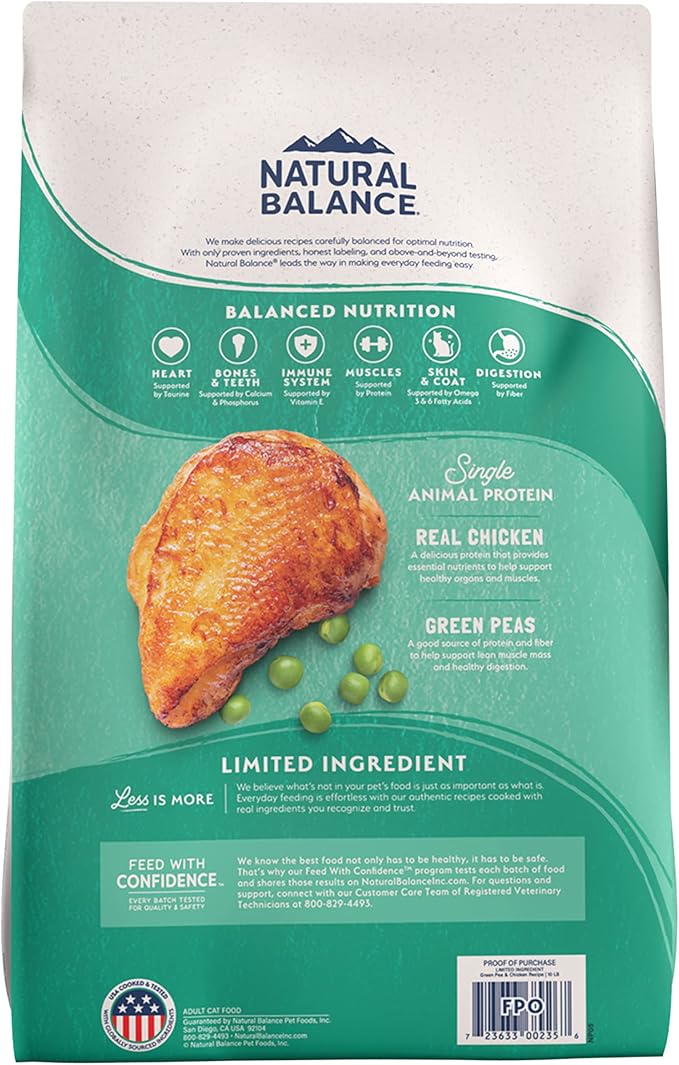 Natural Balance Limited Ingredient Cat Food, Chicken & Green Pea, 10 lb | Grain-Free, Soy-Free, and Corn-Free Dry Cat Food, Balanced Nutrition for Adult Cats, Single Animal Protein
