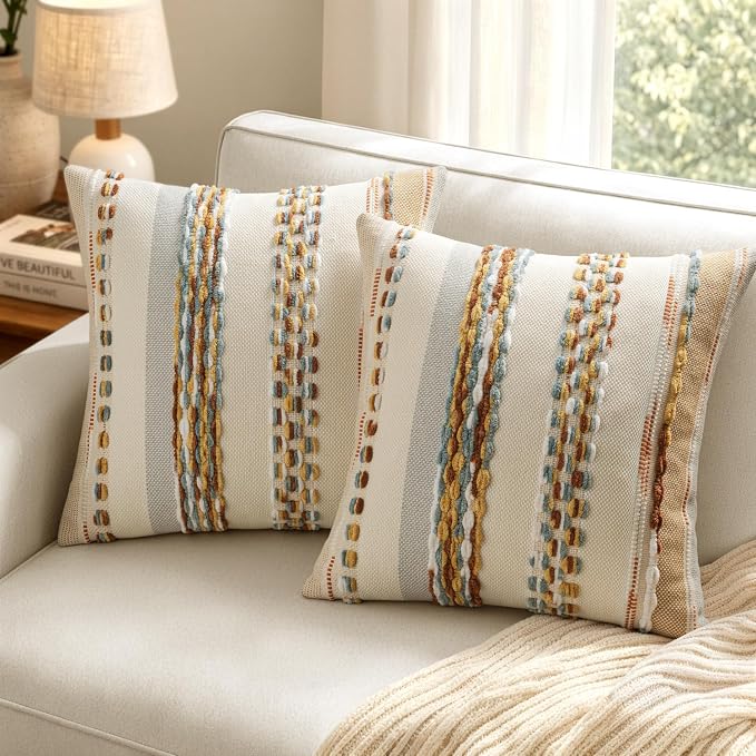ANRODUO Boho Decorative Throw Pillow Covers 20x20 Inch Rust Blue Pack of 2 | Throw Pillow Covers, Farmhouse Cushion Case, Chenille Pillow Cases, Pillow Covers, Accent Neutral Pillowcase for Sofa Couch