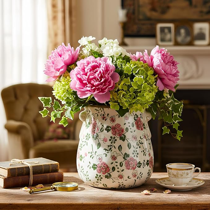 Ceramic Scroll Planter 6.5 Inch Chinoiserie Floral Vase with Drainage Holes Vintage Flower Vase Flower Pot Rustic Ceramic Pots for Indoor Plants Garden Home Bookshelf Decor (Red Plum)