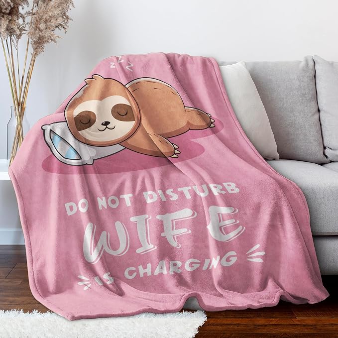 Leebbsin Funny Gifts for Wife, Anniversary Wedding Gifts for Wife | Wife is Charging Sloth Blanket 60" x 50", Pink, Christmas Mothers Day Birthday Gift for Wifey from Husband