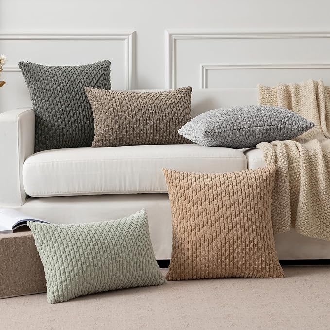 Kevin Textile Soft Corduroy 14"x24" Lumbar Pillow Cover 1 Pack, Light Grey | Boho Stripe Plush Corduroy Decorative Oblong Cushion Cover Modern Farmhouse Home Decor for Sofa Couch Bed Chair
