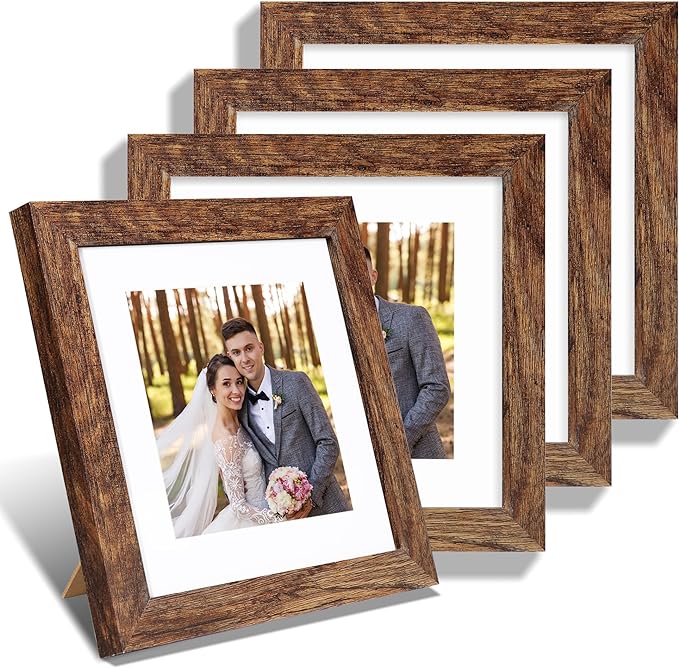 Hongkee 8x8 Picture Frames Set of 4, Made of Glass and Rustic Brown Wooden Frame - Display Picture 6x6 with Mat or 8 x 8 Without Mat, 8 by 8 Photo for Wall or Tabletop