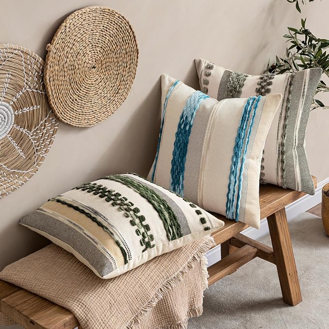 ANRODUO Boho Decorative Pillow Covers Olive Green Stripe 24x24 Pack of 2 | Euro Throw Pillow Covers, Farmhouse Cushion Case, Chenille Pillow Cases, Pillow Covers, Neutral Pillowcase for Sofa Couch Bed