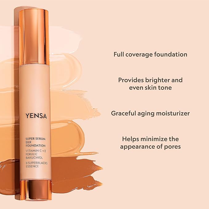 YENSA Serum Foundation Makeup - Super Silk Full Coverage Foundation Enriched with Peptides, Vitamin C & Ferulic Acid to Help Reduce Fine Lines, Wrinkles & Dark Circles - Light 1 (1 oz)