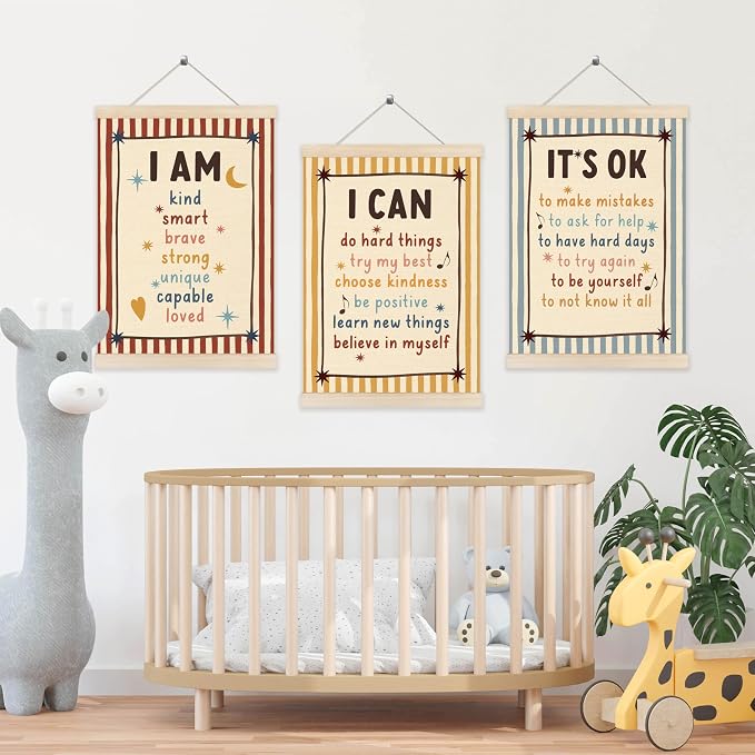 Koesus Inspirational Classroom Striped Wall Art Poster Hanger Frame 12x16 Inch Set of 3, Positive Affirmations for Kids, Motivational Canvas Pictures Prints Framed Wall Decor for Classroom Kids Room Playroom