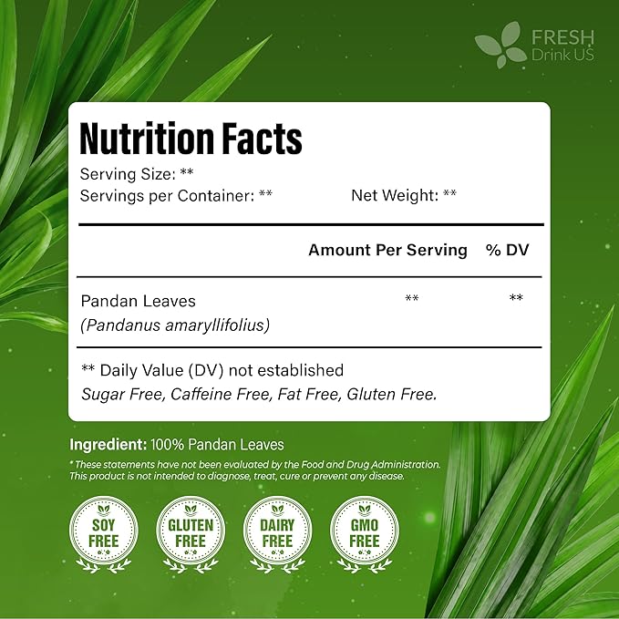 FreshDrinkUS, Premium 2oz Natural Pandan Leaves Dried, 100% Pure Dried Pandan Leaves, Pandan Leaf Tea, No Additives, No Caffeine, Vegan (2 oz Dried Leaves)