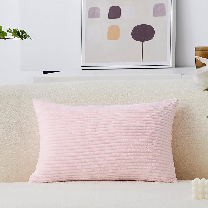 Home Brilliant 12x20 Pillow Cover Soft Pink Throw Pillow Cover for Lumbar Striped Corduroy Solid Oblong Pillowcases for Sofa, 12 x 20, Blush Pink