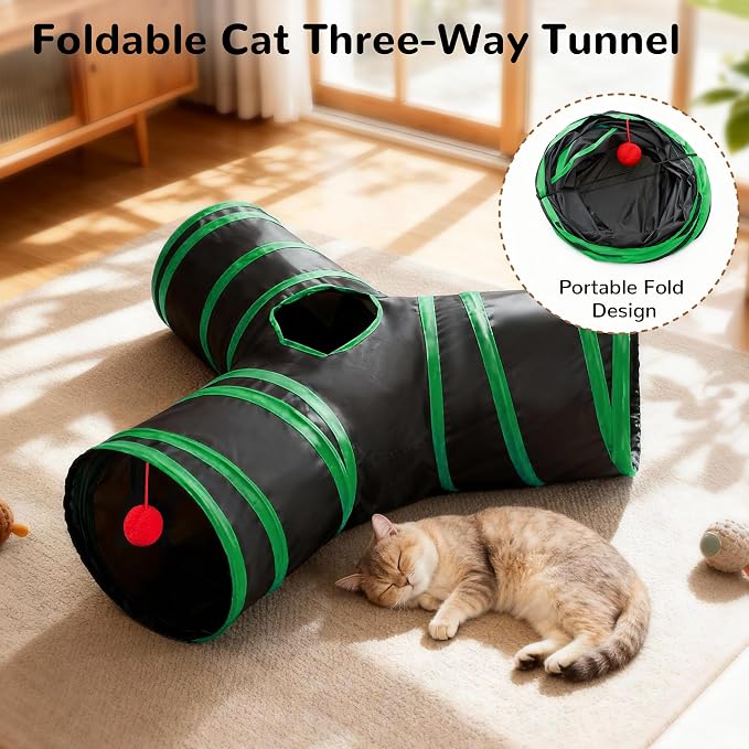 Tempcore Cat Tunnel, 3-Way Collapsible Toy for Indoor Cats, Black & Green