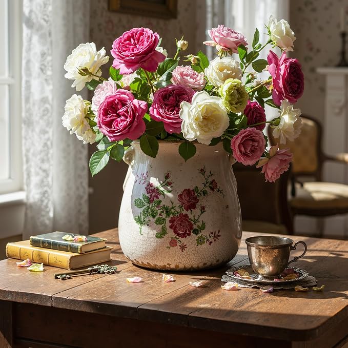 Ceramic Scroll Planter 6.5 Inch Chinoiserie Floral Vase with Drainage Holes Vintage Flower Vase Flower Pot Rustic Ceramic Pots for Indoor Plants Garden Home Bookshelf Decor(Pink Green)