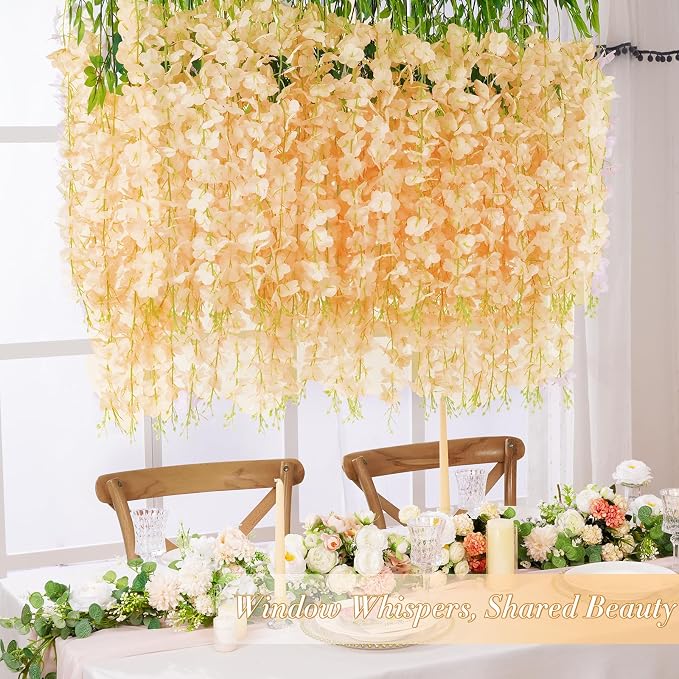 24 Pack Wisteria Hanging Flowers, 3.6 Feet Champagne Wisteria Artificial Flowers, Artificial Fake Flower Garland, Hanging Vines for Bedroom Wedding Home Party Wall Decor (Champagne, 24pcs)