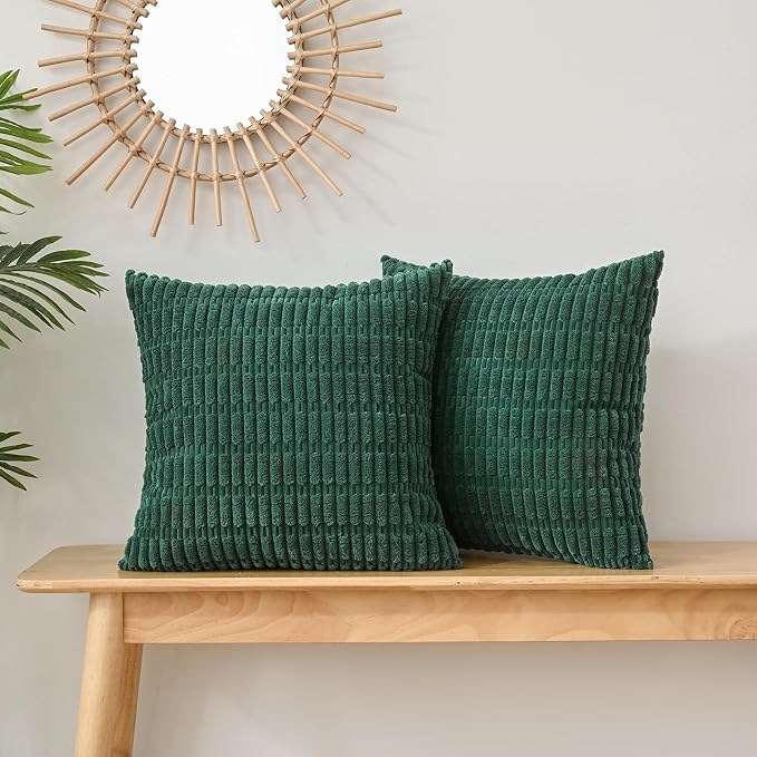 Volcanics Pack of 2 Corduroy Dark Green Throw Pillow Covers 18x18 | Decorative Soft Striped Square Cushion Cases, Modern Farmhouse Boho Home Decor