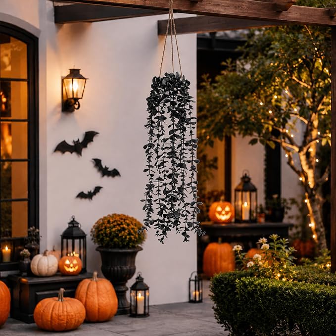 Der Rose Fake Eucalyptus Hanging Plants for Halloween Party Decorations | Black faux plants indoor for gothic bathroom decor, shelves and mantels, bringing moody depth to Halloween decorations indoor