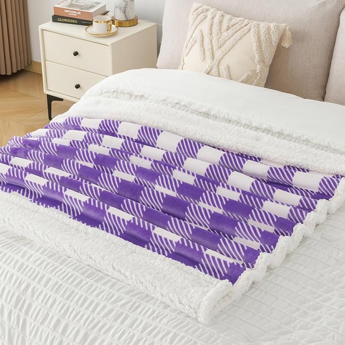 Sherpa Plaid Twin Blanket 60" X 70", Fuzzy Fluffy Soft Cozy Throw Blanket, Twin Size Plush Fleece Flannel Plush Microfiber Blanket for Couch Bed Sofa (PurpleWhite)