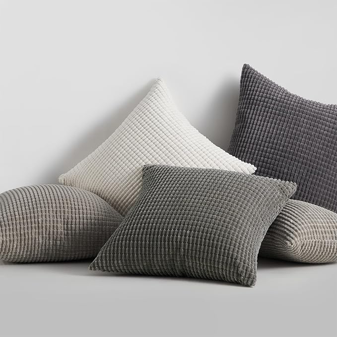 Topfinel 4 Packs Grey Decorative Throw Pillow Covers 16x16 Inch for Living Room Couch Bed Sofa, Boho Western Farmhouse Home Decor, Square Soft Moss Corduroy Fall Cushion Case 40x40 cm