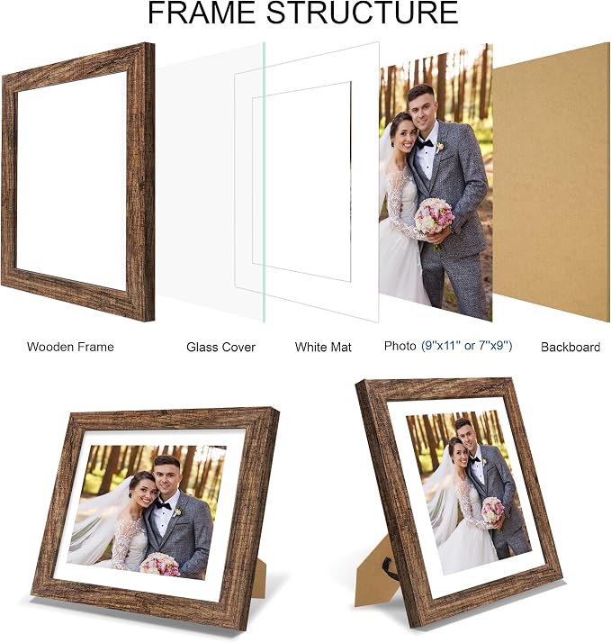 Hongkee 9x11 Picture Frame Set of 4, Made of Real Glass and Rustic Brown Frame - Display Picture 7x9 with Mat or 9x11 Without Mat, 9 by 11 Photo for Wall or Tabletop