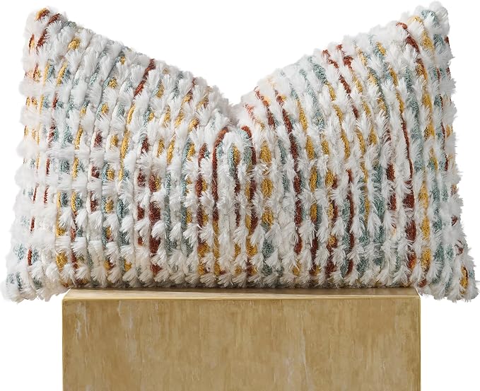 Boho Chenille Pillow Cover Decorative Tufted Pillowcase for Couch Bed Sofa Bedroom Living Room Modern 12 x 20-Inch Brown White