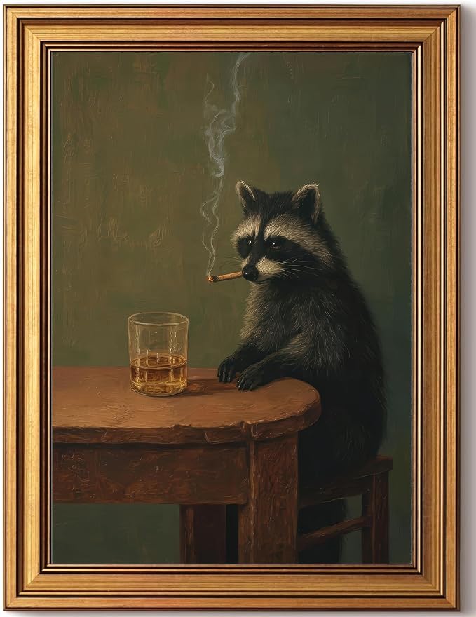 Gold Framed Raccoon Canvas Wall Art,Funny Animal Picture Wall Decor 11x9in | Rustic Man Cave Art, Moody Animal Art Print For Office, Home Bar, Cabin, Game Room, Living Room