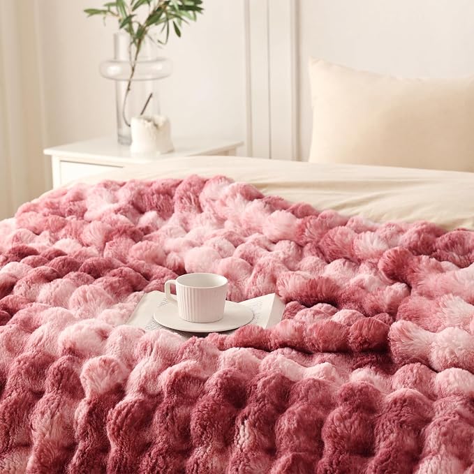COOVA Faux Fur Throw Blanket for Couch, Cozy Soft and Fuzzy Plush Rabbit Fur Bubble Blanket for Sofa Bedroom Living Room, 50x60 Inches Tie Dye Magenta