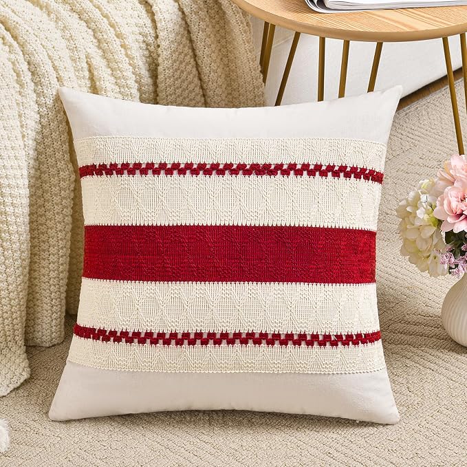 Fancy Homi Set of 1 Boho Red Decorative Throw Pillow Cover 18x18 Inch for Couch Bed Sofa, Aesthetic Modern Organic Farmhouse Home Decor, Soft Cotton Cute Accent Macrame Woven Cushion Case