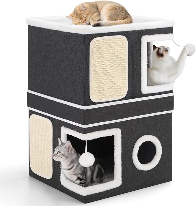 Shikha 2 Story Cat House beds for Indoor Cats with Scratch Pads Black | 2 in 1 Dual Use Double Cat Bed Cave for Multiple Pets Kitten, Elevated Perch for a Wide View, All Season Reversible Cushion
