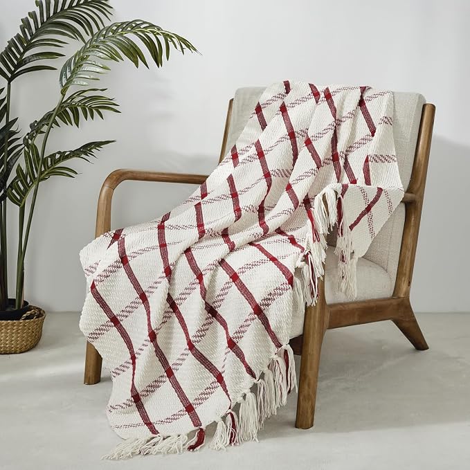 CREVENT 50"X60" Farmhouse Breathable Soft and Warm Chenille Plaid Throw Blanket for Sofa Couch Bed, Home Decoration Throw with Tassles (Red & White)