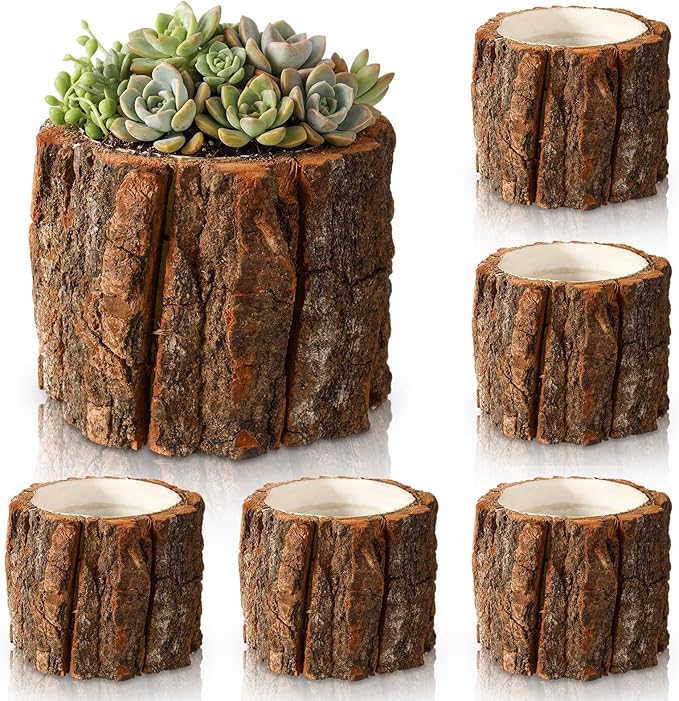 6 Pcs Wooden Vase for Centerpieces Wedding Flower Table Centerpieces Woodland Party Decor Rustic Farmhouse Bark Stump Buckets Vintage Planter Pots for Garden Baby Shower Window Home (Small)