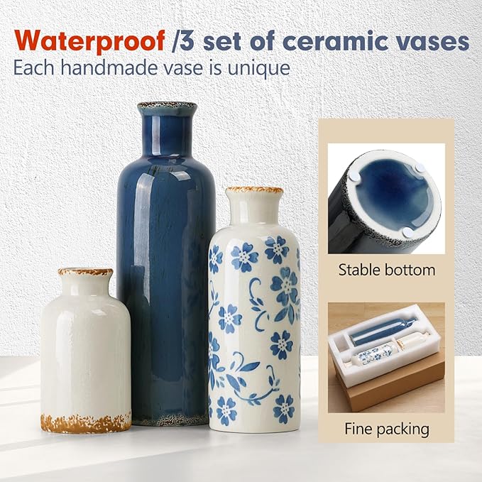 Ceramic Vases Set of 3, Blue and White Vintage Flower Vase Waterproof | Farmhouse Rustic Vase for Pampas Grass & Dried Flowers, Flower Vase for Table Living Room Home