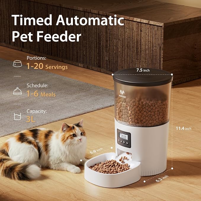 IMIPAW Automatic Cat Feeders, Timed Cat Dry Food Dispenser with Desiccant Bag, Dual Power Supply, Programmable Portion Size, 6 Meals, 20 Portions Per Day, Auto Pet Feeder for Cats and Small Dog, White