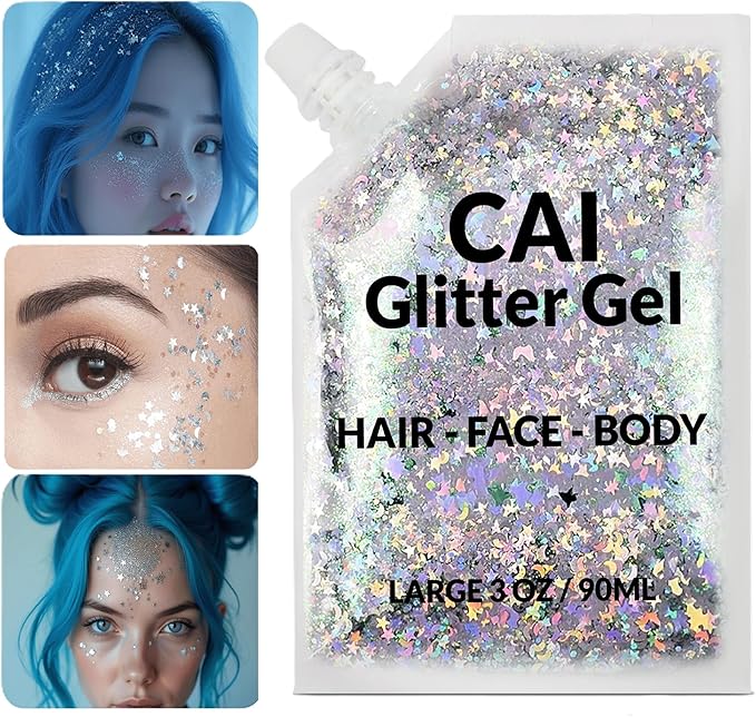 Face, Body & Hair Glitter Gel – Halloween Glitter for Kids and Women – 3 Oz Cosmetic-Grade Gel w/Moon & Stars for Festivals & Halloween Party, Easy Apply & Wash Off - Blue 1Pack