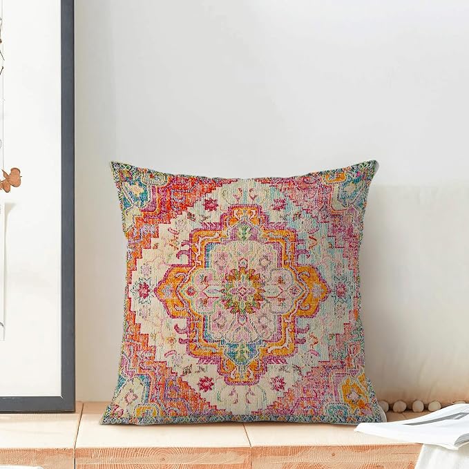 Boho Pillow Covers 18x18 Inch Set of 2,Carpet Pattern Throw Pillows Case,Orange Yellow Ethnic Design Retro Outdoor Decorative Square Linen Farmhouse Decor Cushion Covers for Home Sofa Bed Couch